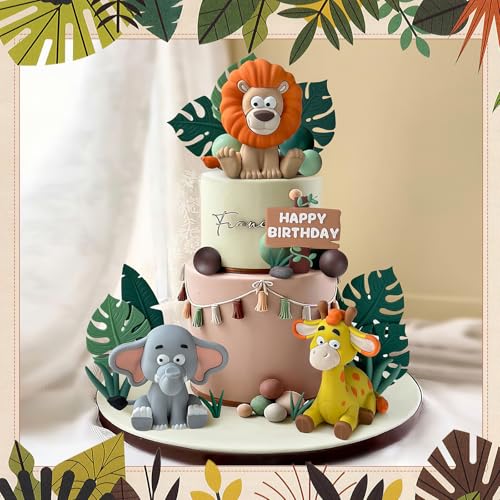 Zafena 23pcs Safari Animal Cake Topper, Jungle Wild Cake Toppers with Leaves Balls Cake Decorations for Safari Animals Themed Birthday Party Decorations (Jungle Wild Animal Style) - Image 4