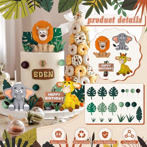 Zafena 23pcs Safari Animal Cake Topper, Jungle Wild Cake Toppers with Leaves Balls Cake Decorations for Safari Animals Themed Birthday Party Decorations (Jungle Wild Animal Style) - Image 3