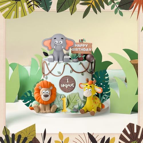 Zafena 23pcs Safari Animal Cake Topper, Jungle Wild Cake Toppers with Leaves Balls Cake Decorations for Safari Animals Themed Birthday Party Decorations (Jungle Wild Animal Style) - Image 5