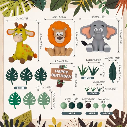 Zafena 23pcs Safari Animal Cake Topper, Jungle Wild Cake Toppers with Leaves Balls Cake Decorations for Safari Animals Themed Birthday Party Decorations (Jungle Wild Animal Style) - Image 2
