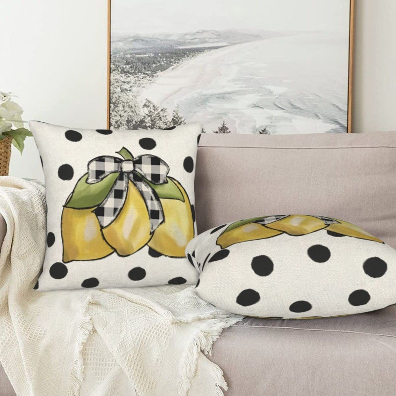 Sunshineyan Summer Pillow Covers 18x18 Set of 2  Yellow Lemons Polka Dots Decorative Throw Pillow Cases Watercolor Summer Seasonal Linen Decorations for Home Bed Car Spring Decor - Image 5