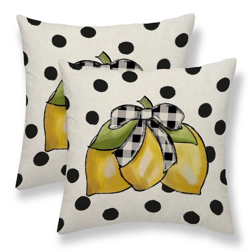Sunshineyan Summer Pillow Covers 18x18 Set of 2  Yellow Lemons Polka Dots Decorative Throw Pillow Cases Watercolor Summer Seasonal Linen Decorations for Home Bed Car Spring Decor - Image 1