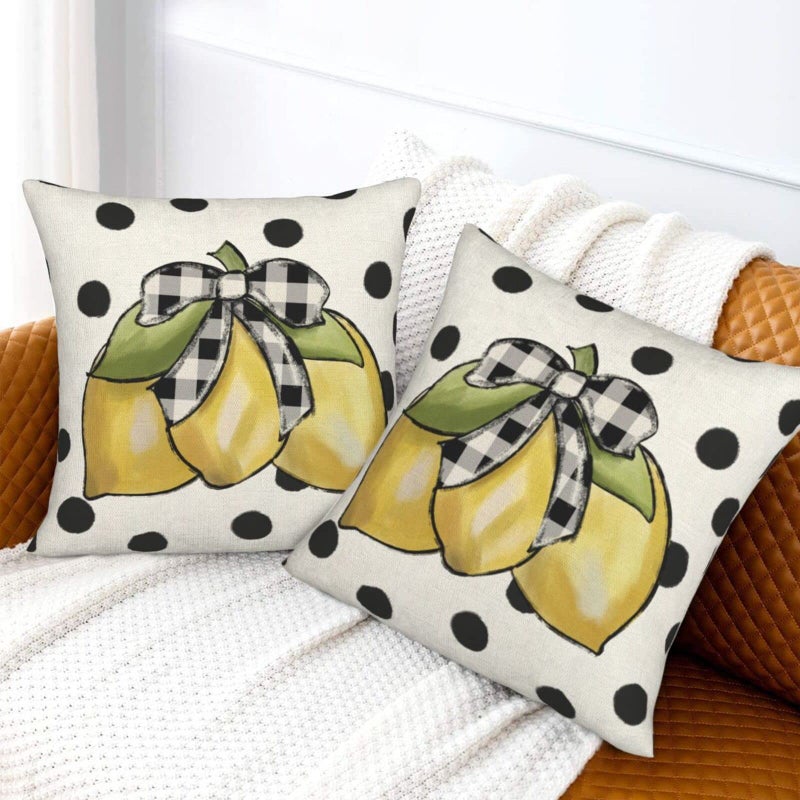 Sunshineyan Summer Pillow Covers 18x18 Set of 2  Yellow Lemons Polka Dots Decorative Throw Pillow Cases Watercolor Summer Seasonal Linen Decorations for Home Bed Car Spring Decor - Image 4