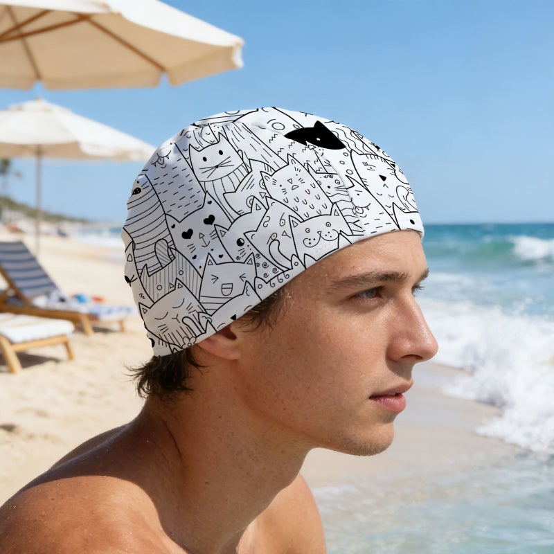 1 Printed Swim Cap 9.4x6.3in Quick Drying Elastic Fabric Unisex Soft Breathable Black White Cartoon Cat Array Pattern Summer Water Sports Beach Swimming Surfing Pool Shower Cap - Image 2