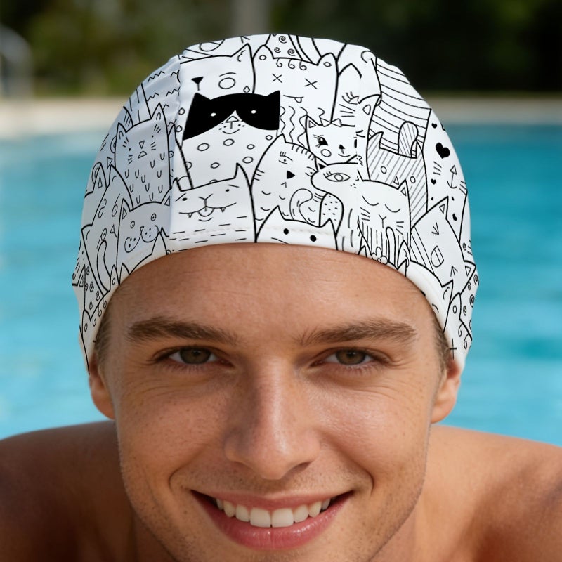 1 Printed Swim Cap 9.4x6.3in Quick Drying Elastic Fabric Unisex Soft Breathable Black White Cartoon Cat Array Pattern Summer Water Sports Beach Swimming Surfing Pool Shower Cap - Image 1