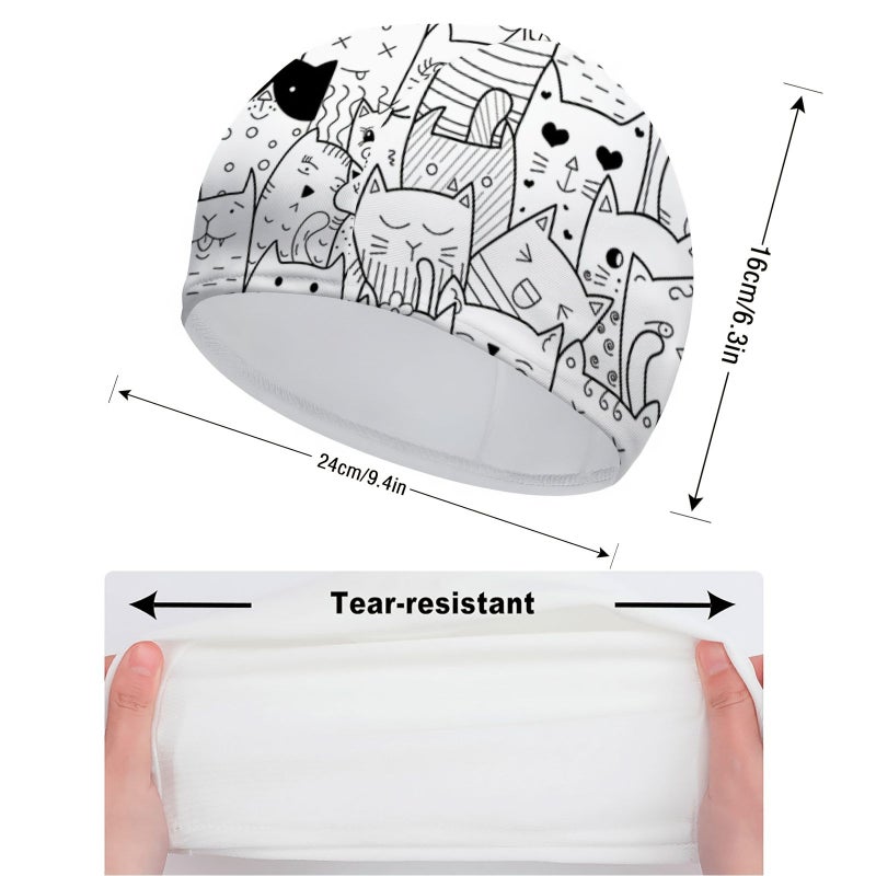 1 Printed Swim Cap 9.4x6.3in Quick Drying Elastic Fabric Unisex Soft Breathable Black White Cartoon Cat Array Pattern Summer Water Sports Beach Swimming Surfing Pool Shower Cap - Image 4