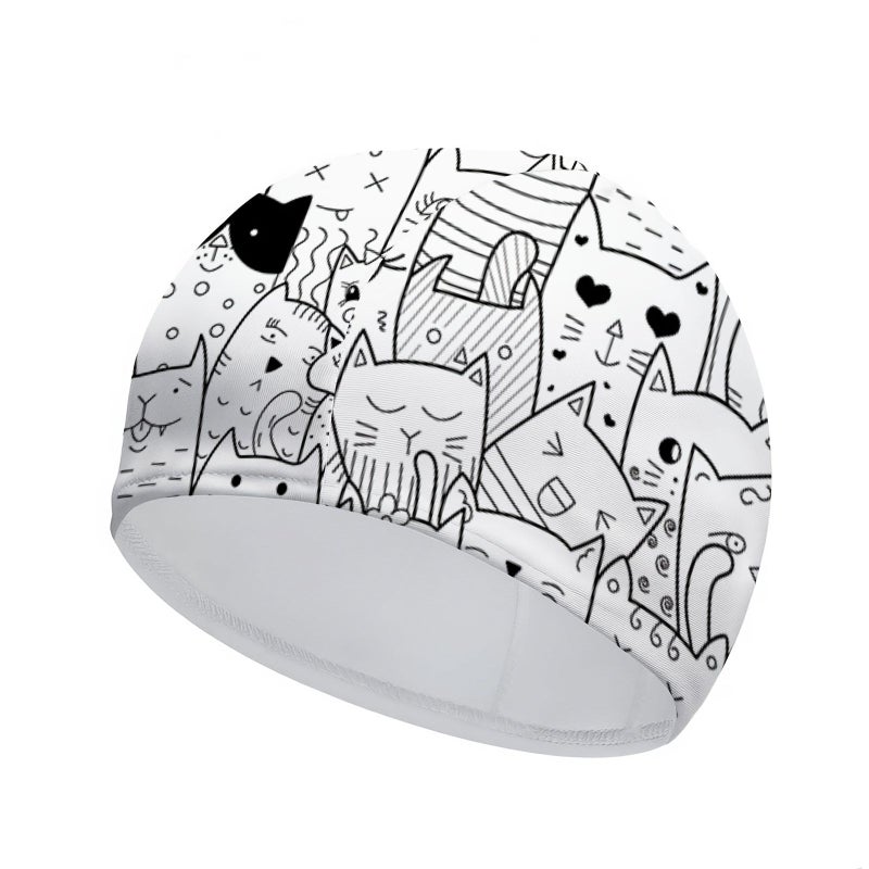 1 Printed Swim Cap 9.4x6.3in Quick Drying Elastic Fabric Unisex Soft Breathable Black White Cartoon Cat Array Pattern Summer Water Sports Beach Swimming Surfing Pool Shower Cap - Image 3