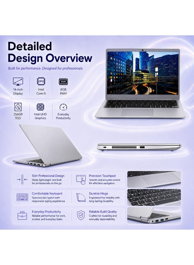 Professional Business Laptop 14 Inch Full HD Display Core i5 8GB RAM 256GB SSD Intel UHD Graphics With Backpack Wireless Mouse Adjustable Laptop Stand - Image 3