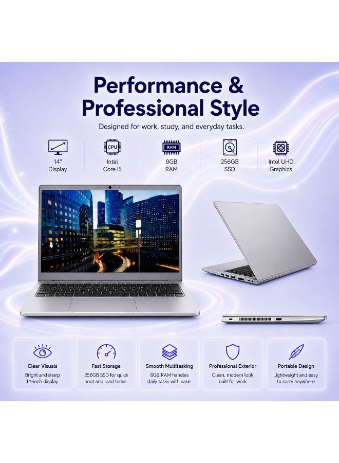 Professional Business Laptop 14 Inch Full HD Display Core i5 8GB RAM 256GB SSD Intel UHD Graphics With Backpack Wireless Mouse Adjustable Laptop Stand - Image 2