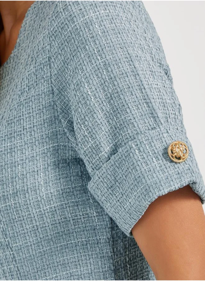 Styli Tweed A-Line Midi Dress with Button Detail