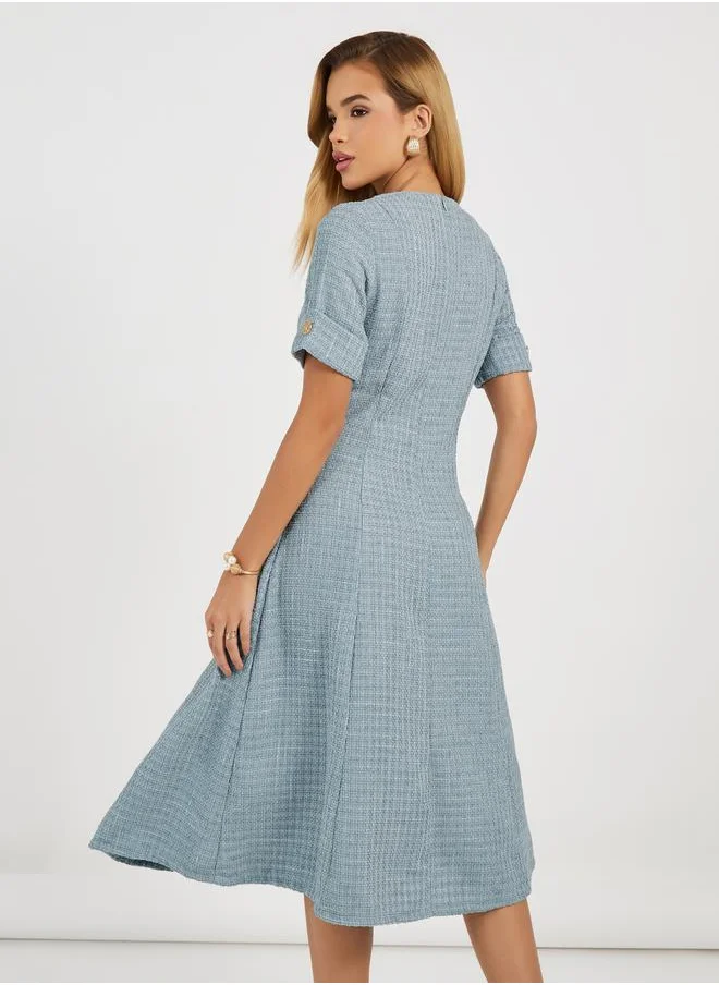 Styli Tweed A-Line Midi Dress with Button Detail