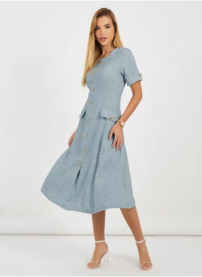 Styli Tweed A-Line Midi Dress with Button Detail