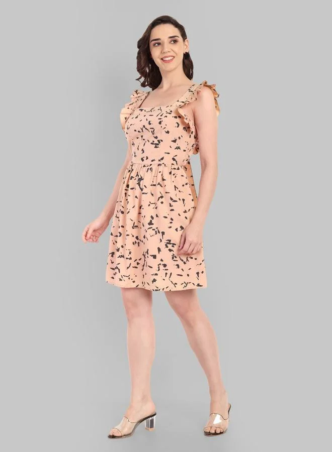 House Of Raeli Peach A-Line Sleeveless Knee-Length Dress with All-Over Print
