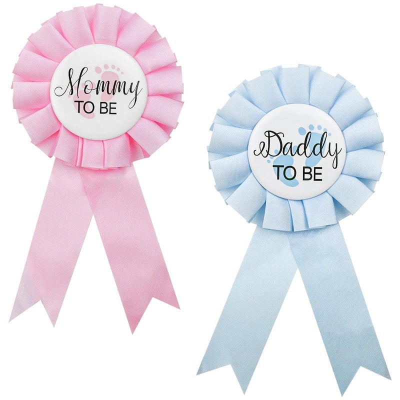 2 Pieces Daddy and Mommy To Be Tinplate Badge Pin Celebration Gender Reveal Party Favor New Dad Mom Gifts Rosette Buttons with Ribbon Baby Shower Decorations Pink Blue