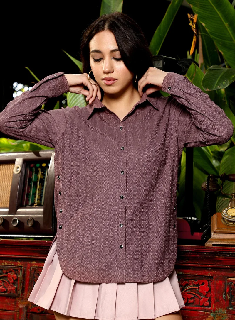 بينيا كولادا Women's Mocha Brown Panel-Jacquard Curved Shirt | نساء | أكمام طويلة | سادة | كاجوال | قميص | طوق منتشر