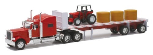 NewRay Peterbilt 389 with Hay and Farm Tractor Playset 132 Scale Model Toy Vehicles 10293A Red - Image 1