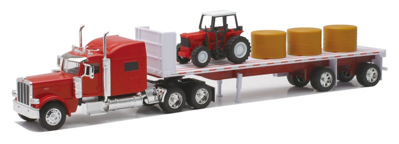 NewRay Peterbilt 389 with Hay and Farm Tractor Playset 132 Scale Model Toy Vehicles 10293A Red - Image 2