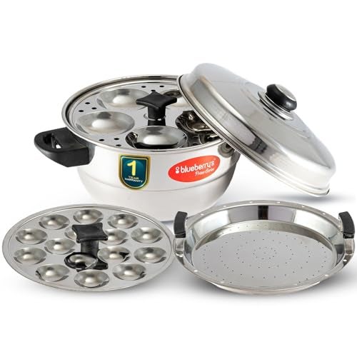 Blueberry's 𝗕𝗹𝘂𝗲𝗯𝗲𝗿𝗿𝘆❜𝘀 Idli Maker Stainless Steel - Idly Cooker with 3-Plates for idly, 1-Plate for mini Idly & 1-Plate steamer| Idli maker induction base & Gas Stove Compatible -(15 Idlies & 20 mini idlies) - Image 1