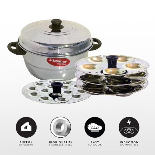Blueberry's 𝗕𝗹𝘂𝗲𝗯𝗲𝗿𝗿𝘆❜𝘀 Idli Maker Stainless Steel - Idly Cooker with 3-Plates for idly, 1-Plate for mini Idly & 1-Plate steamer| Idli maker induction base & Gas Stove Compatible -(15 Idlies & 20 mini idlies) - Image 4
