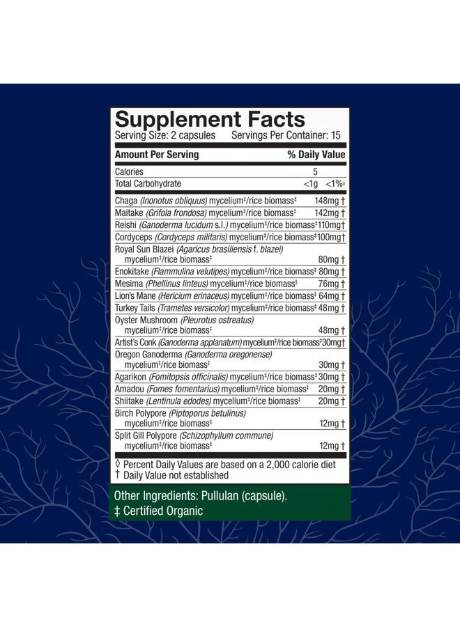 Host Defense MyCommunity Capsules - 17 Species Blend Mushroom Supplement for Immune Support - Herbal Aid with Lion's Mane, Reishi, Chaga, Cordyceps, Turkey Tail & More - 30 Capsules (15 Servings)* - Image 2