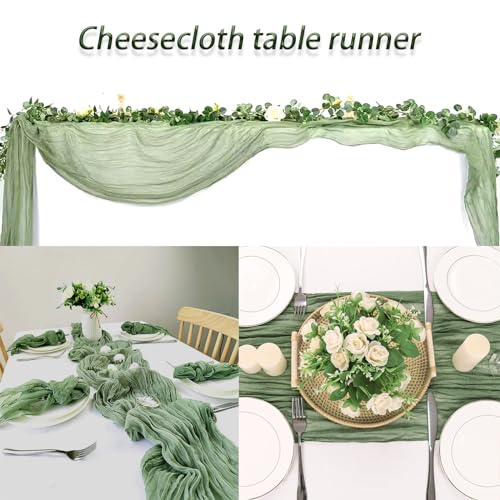 ACSUIT 4 Pack Sage Green Cheesecloth Table Runner 20 x 120 inch Gauze Table Runners 10 FT Long,Semi Sheer Boho Cheese Cloth Fabric Table Runner Bulk for Wedding,Party,Baby Shower,Bridal Shower Decoration - Image 4