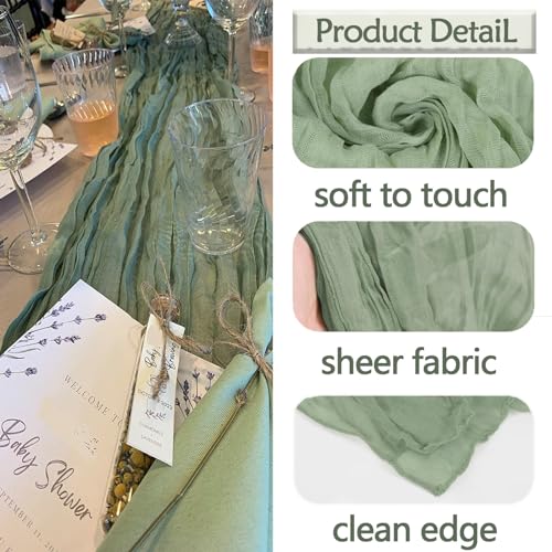 ACSUIT 4 Pack Sage Green Cheesecloth Table Runner 20 x 120 inch Gauze Table Runners 10 FT Long,Semi Sheer Boho Cheese Cloth Fabric Table Runner Bulk for Wedding,Party,Baby Shower,Bridal Shower Decoration - Image 3