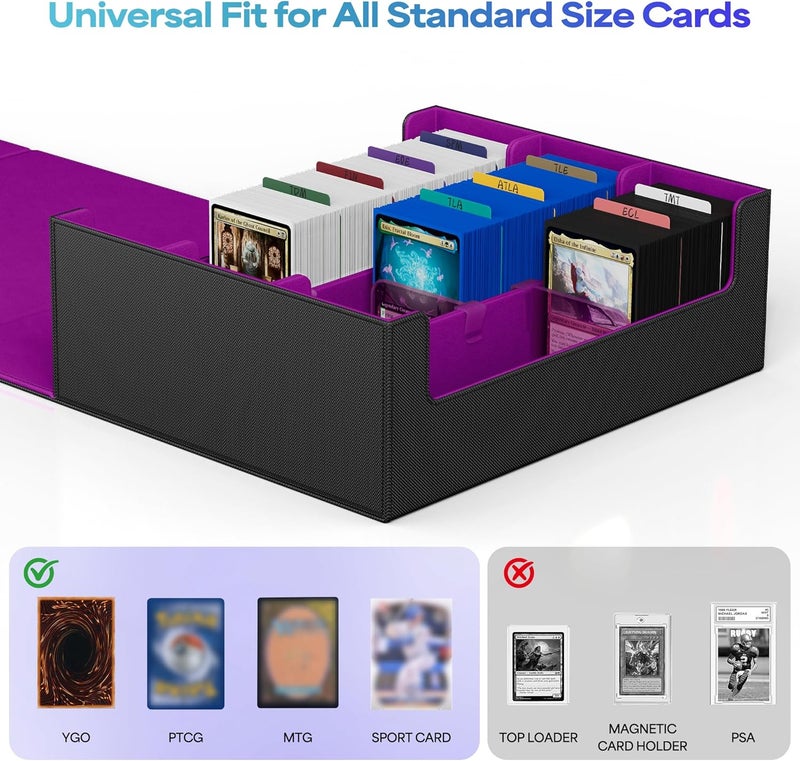 UAONO Trading Card Storage Box, Holds 1800 Sleeved Cards with 10 Dividers & 3 Stoppers, Magnetic Closure PU Leather Card Case for MTG, PTCG, YGO, Sports Cards (Black&Purple) - Image 2