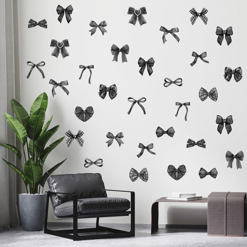 A1diee Black White Bow Wall Stickers - 60Pcs Watercolor Coquette Aesthetic Wall Stickers Black Bow Knot Gothic Wall Art Decor Vinyl Peel and Stick Room Decor for Kindergarten Nursery Bedroom, 8 Sheets - Image 1