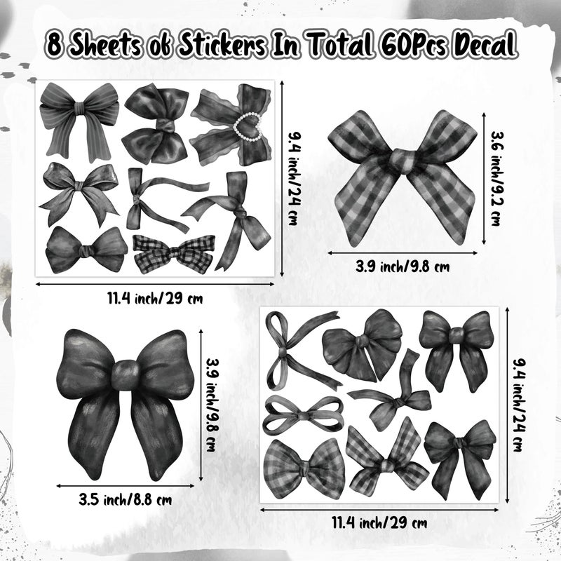A1diee Black White Bow Wall Stickers - 60Pcs Watercolor Coquette Aesthetic Wall Stickers Black Bow Knot Gothic Wall Art Decor Vinyl Peel and Stick Room Decor for Kindergarten Nursery Bedroom, 8 Sheets - Image 3