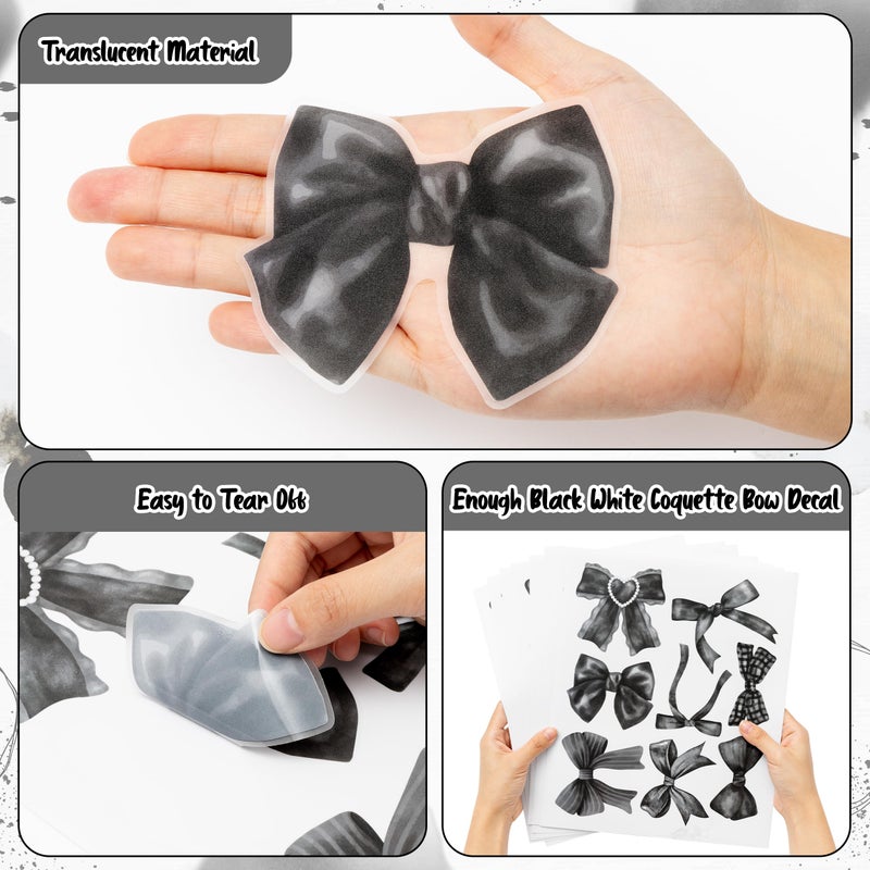 A1diee Black White Bow Wall Stickers - 60Pcs Watercolor Coquette Aesthetic Wall Stickers Black Bow Knot Gothic Wall Art Decor Vinyl Peel and Stick Room Decor for Kindergarten Nursery Bedroom, 8 Sheets - Image 2