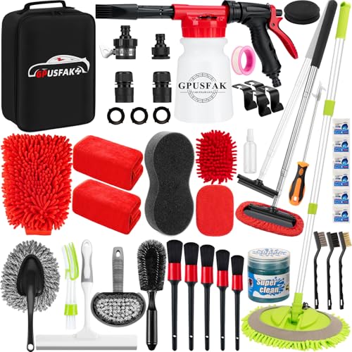 GPUSFAK 40Pcs Car Wash Cleaning Kit with Foam Gun Sprayer Detailing Brushes Wash Mop Windshield Cleaning Tool Tire Brush Towels Complete Interior Exterior Detailing Set for Car - Image 1