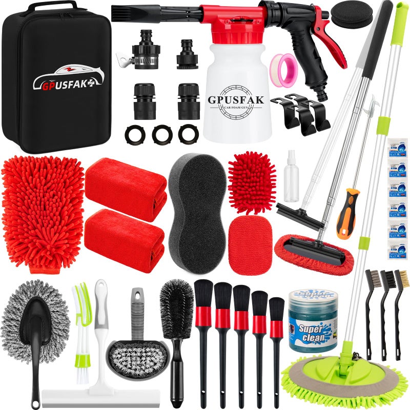 GPUSFAK 40Pcs Car Wash Cleaning Kit with Foam Gun Sprayer Detailing Brushes Wash Mop Windshield Cleaning Tool Tire Brush Towels Complete Interior Exterior Detailing Set for Car - Image 3