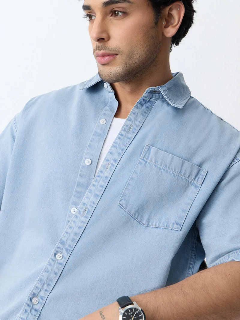 The Souled Store  The Souled Store: Sleek Ice Men and Boys Short Sleeve Spread Collar Light Blue Solid Cotton Oversized Shirt  | Best Price UAE