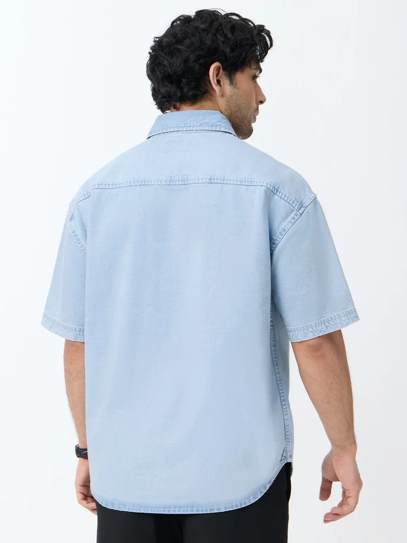 The Souled Store  The Souled Store: Sleek Ice Men and Boys Short Sleeve Spread Collar Light Blue Solid Cotton Oversized Shirt  | Best Price UAE