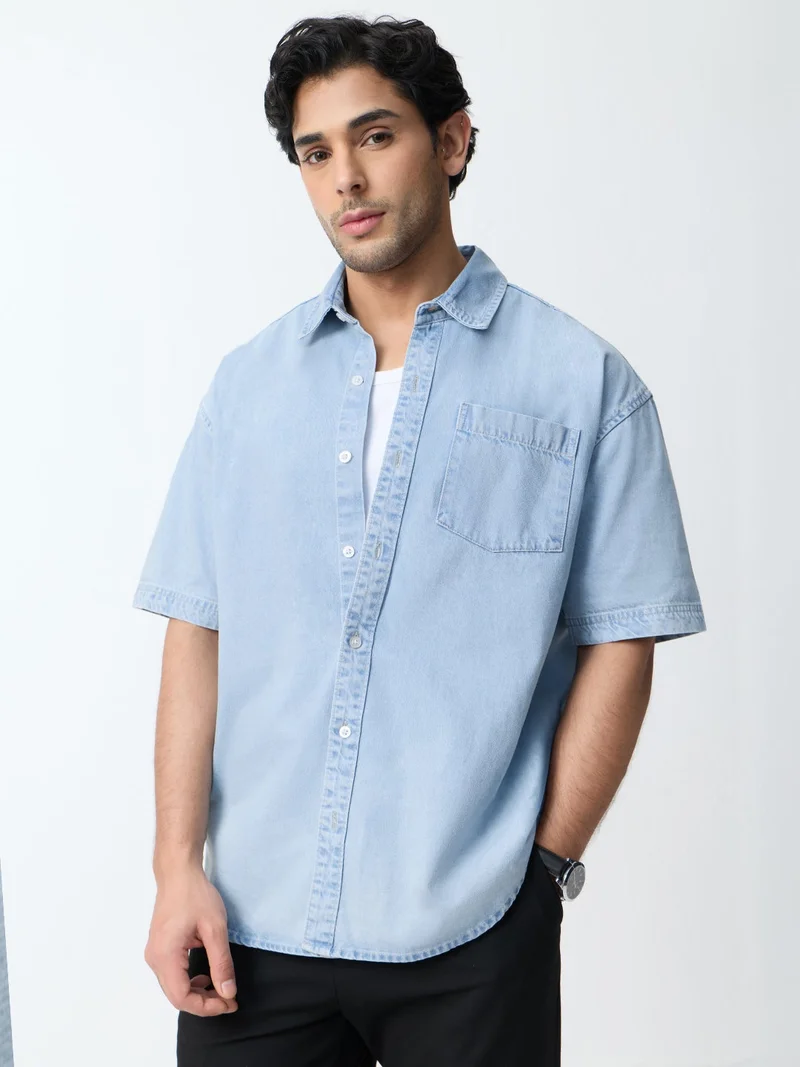 The Souled Store  The Souled Store: Sleek Ice Men and Boys Short Sleeve Spread Collar Light Blue Solid Cotton Oversized Shirt  | Best Price UAE