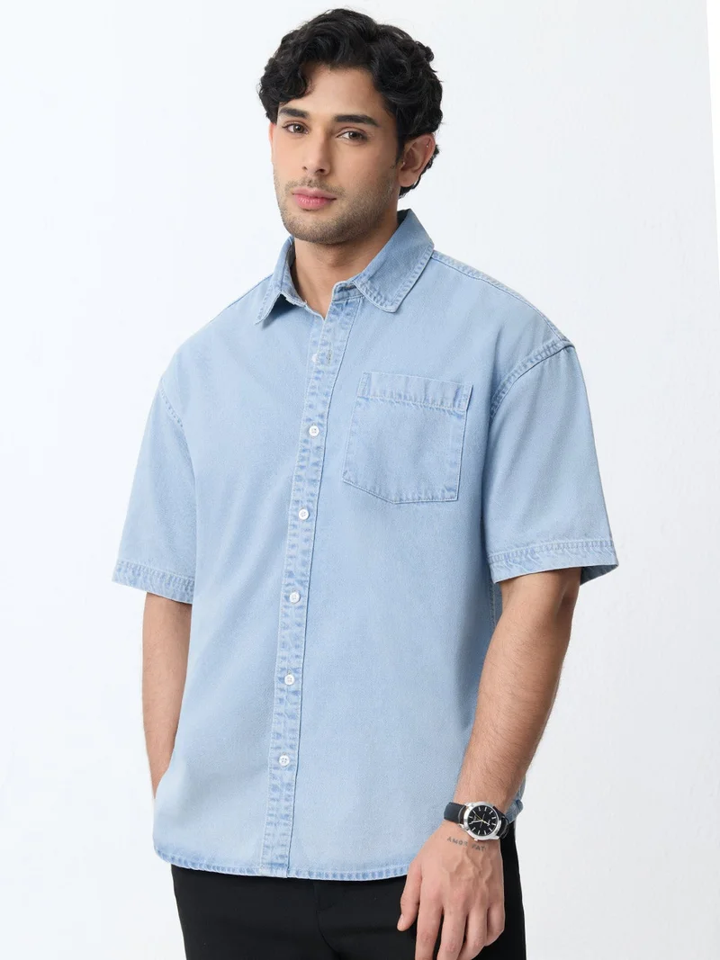 The Souled Store: Sleek Ice Men and Boys Short Sleeve Spread Collar Light Blue Solid Cotton Oversized Shirt