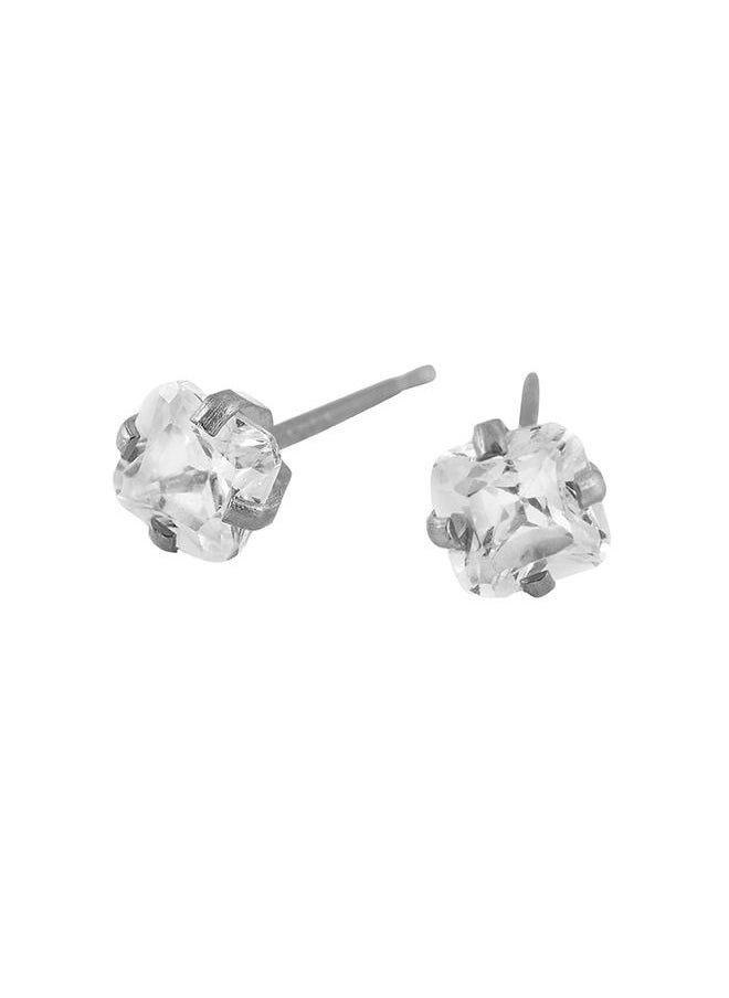 Studex - 7*7MM Cubic Zirconia Princess Cut Allergy-Free Stainless Steel Ear Studs - Image 1