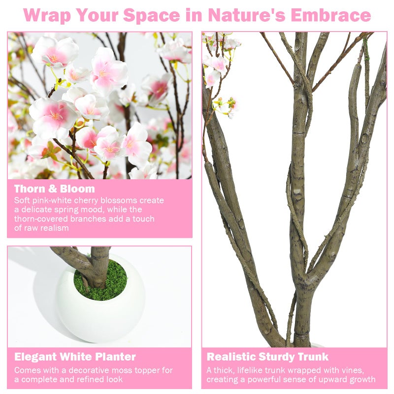 Caxchiling 5FT Cherry Bloosom Tree for Indoor Outdoor, Artificial Pink Tree with Ball-Shaped Pot and Moss Topper, Faux Large Floor Plants for Home Office Living Room Bedroom Doorway Hallway Decor - Image 3