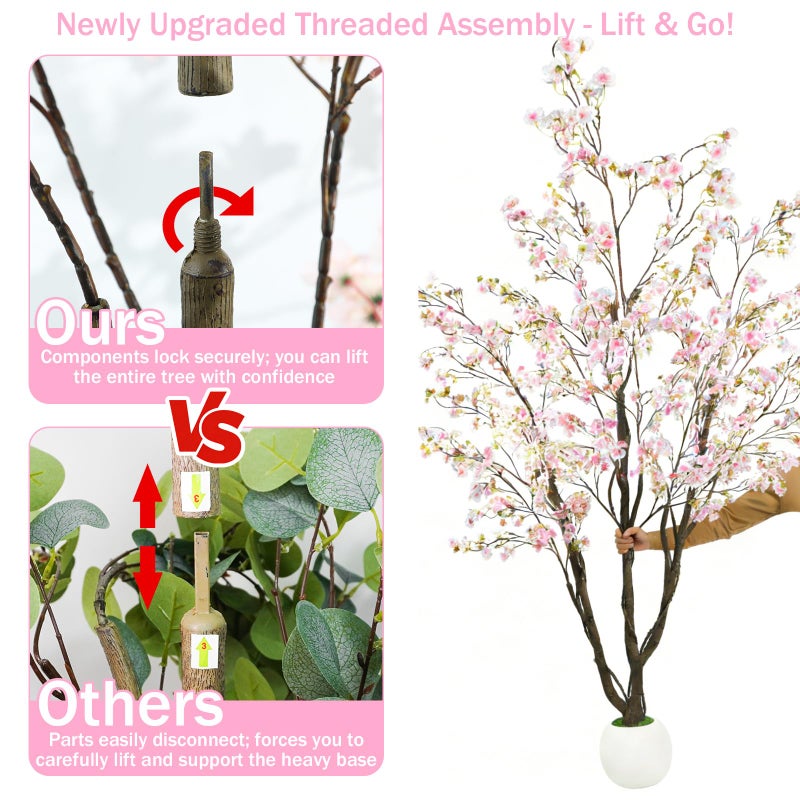Caxchiling 5FT Cherry Bloosom Tree for Indoor Outdoor, Artificial Pink Tree with Ball-Shaped Pot and Moss Topper, Faux Large Floor Plants for Home Office Living Room Bedroom Doorway Hallway Decor - Image 4