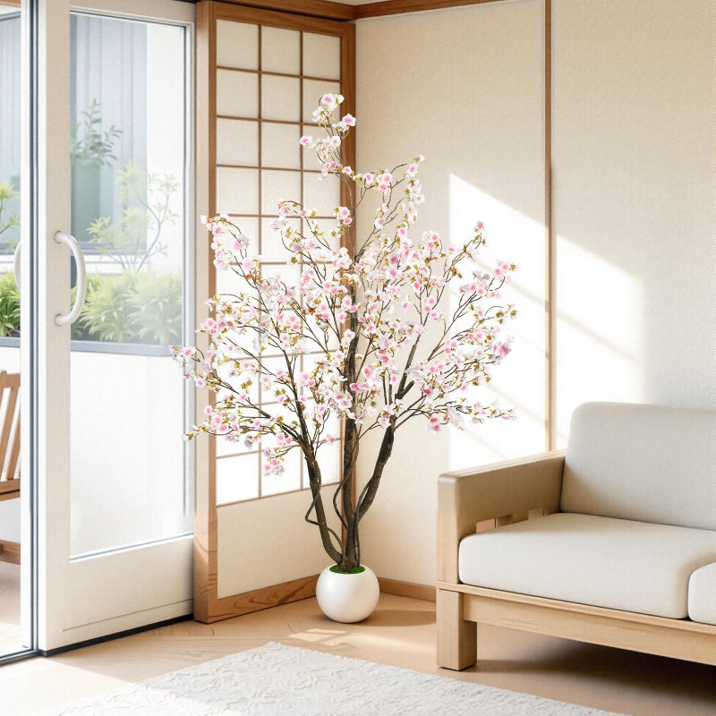 Caxchiling 5FT Cherry Bloosom Tree for Indoor Outdoor, Artificial Pink Tree with Ball-Shaped Pot and Moss Topper, Faux Large Floor Plants for Home Office Living Room Bedroom Doorway Hallway Decor - Image 5