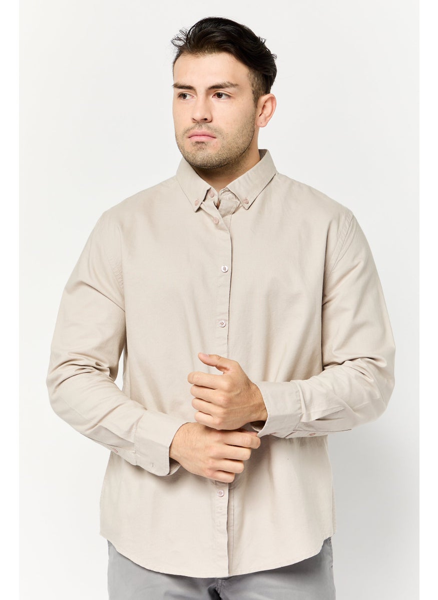 Algspar Men Regular Fit Solid Long Sleeves Casual Shirt, Beige  - Image 1