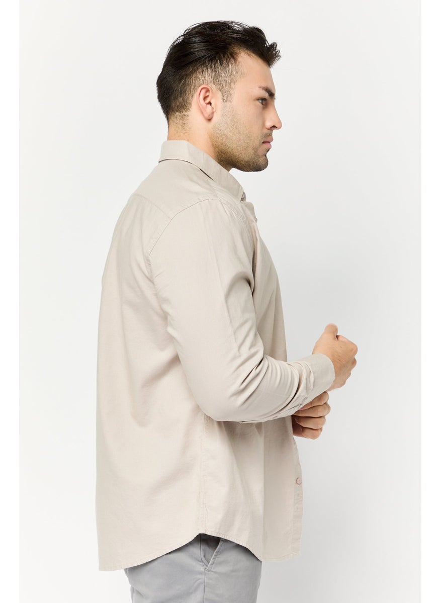 Algspar Men Regular Fit Solid Long Sleeves Casual Shirt, Beige  - Image 3