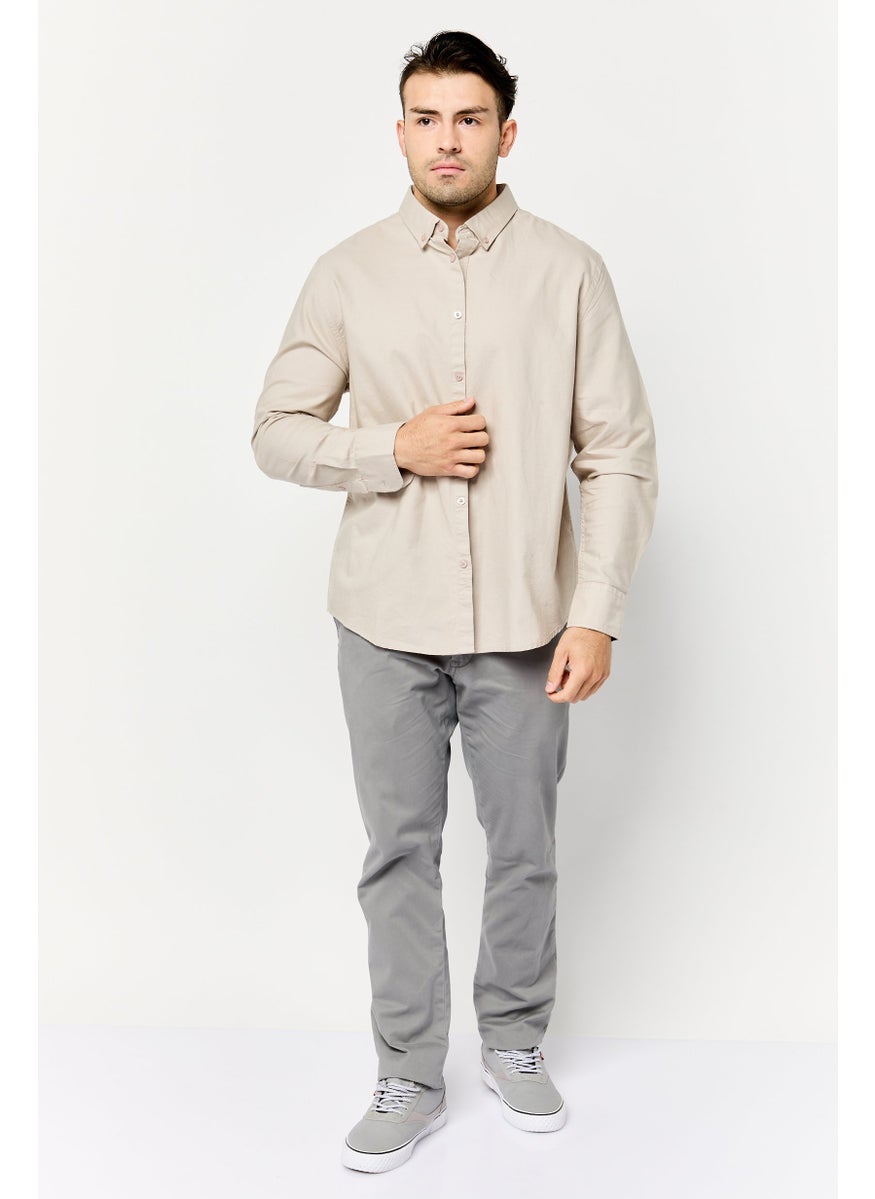 Algspar Men Regular Fit Solid Long Sleeves Casual Shirt, Beige  - Image 2