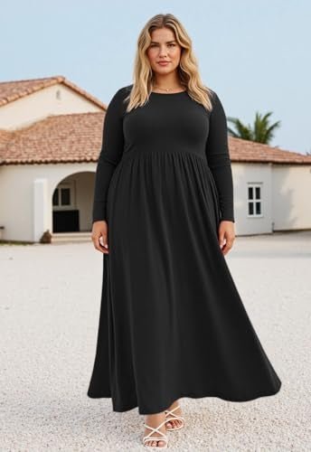 Nemidor Plus Size Maxi Dress for Curvy Women Fall Casual Loose Long Sleeve Dresses with Pocket 14-26(269,18,Black+Sleeve) - Image 2