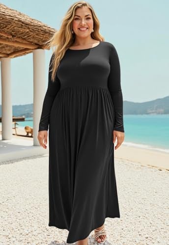 Nemidor Plus Size Maxi Dress for Curvy Women Fall Casual Loose Long Sleeve Dresses with Pocket 14-26(269,18,Black+Sleeve) - Image 5