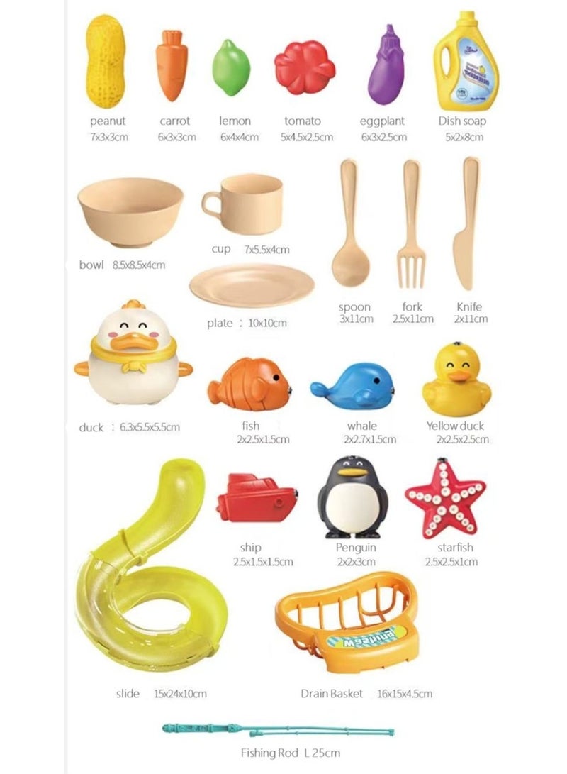 Children’s Pretend Play Toy Set, 2-in-1 Multifunctional Water Play Educational Toy, 22 Sets of Simulated Kitchen Utensils/Food /Fish /Duck, Water Park, Safe Material - Image 3