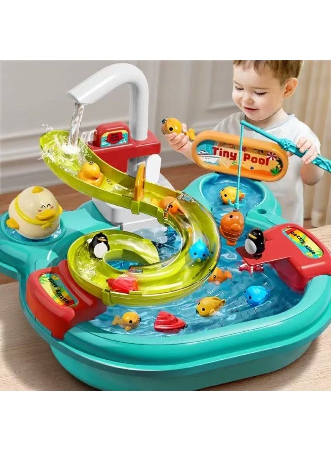 Children’s Pretend Play Toy Set, 2-in-1 Multifunctional Water Play Educational Toy, 22 Sets of Simulated Kitchen Utensils/Food /Fish /Duck, Water Park, Safe Material - Image 2