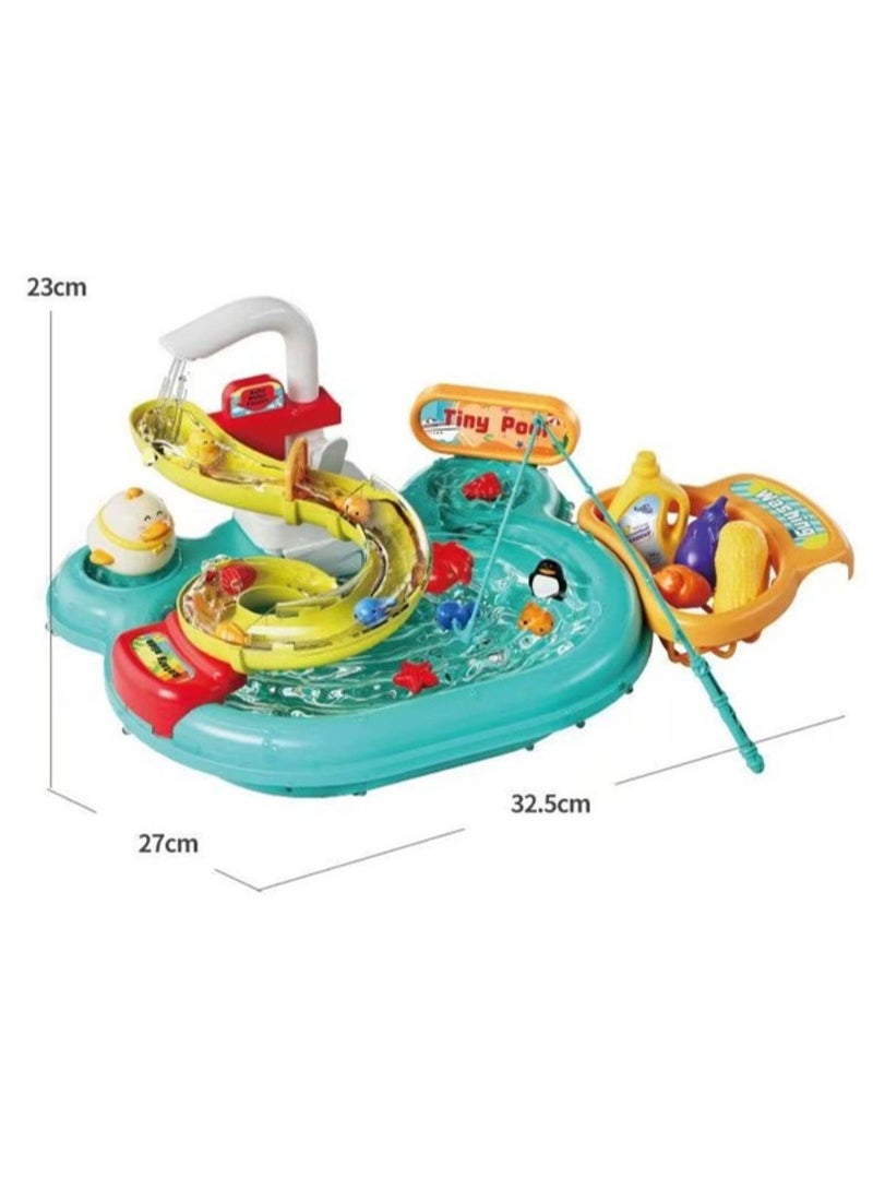 Children’s Pretend Play Toy Set, 2-in-1 Multifunctional Water Play Educational Toy, 22 Sets of Simulated Kitchen Utensils/Food /Fish /Duck, Water Park, Safe Material - Image 5