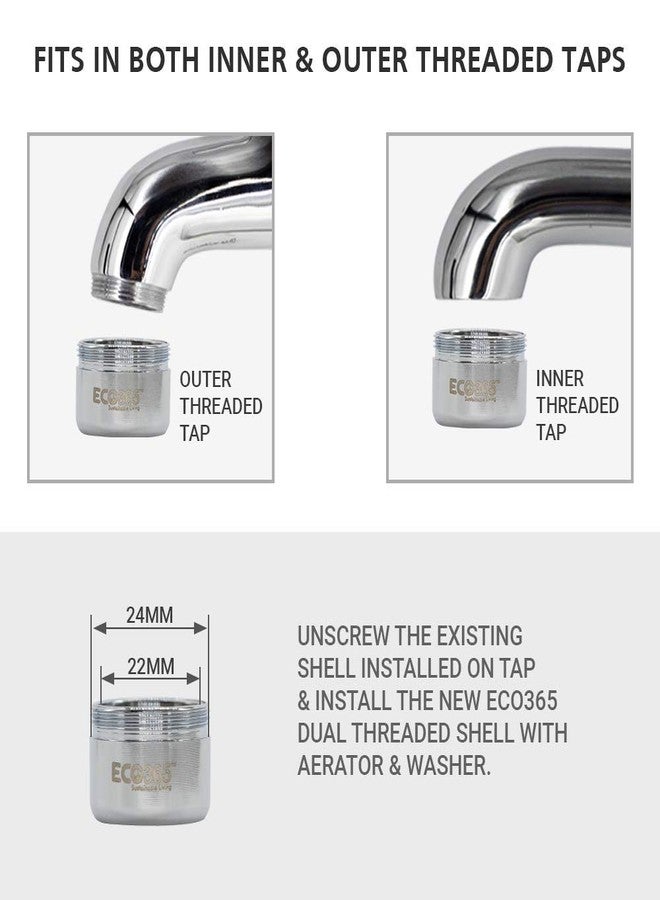 ECO365 Kitchen Tap 3 LPM Dual Threaded Shell Aerator | Water Saving Faucet Nozzle | Fits Inner (24mm) & Outer (22mm) Taps | Eco-Friendly, Anti-Splash, Rust Resistant - (Pack of 3) - Image 4