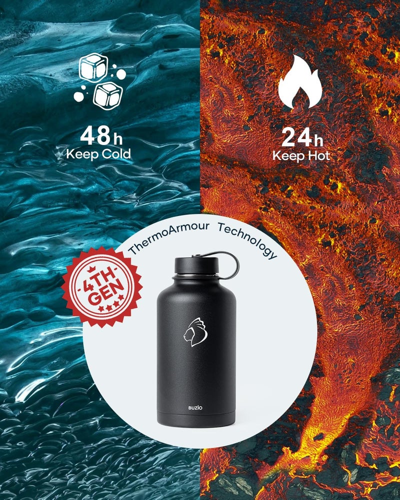 BUZIO Vacuum Insulated Stainless Steel Water Bottle 64oz (Cold for 48 Hrs/Hot for 24 Hrs) BPA Free Double Wall Travel Mug/Flask for Outdoor Sports Hiking, Cycling, Camping, Running - Image 2